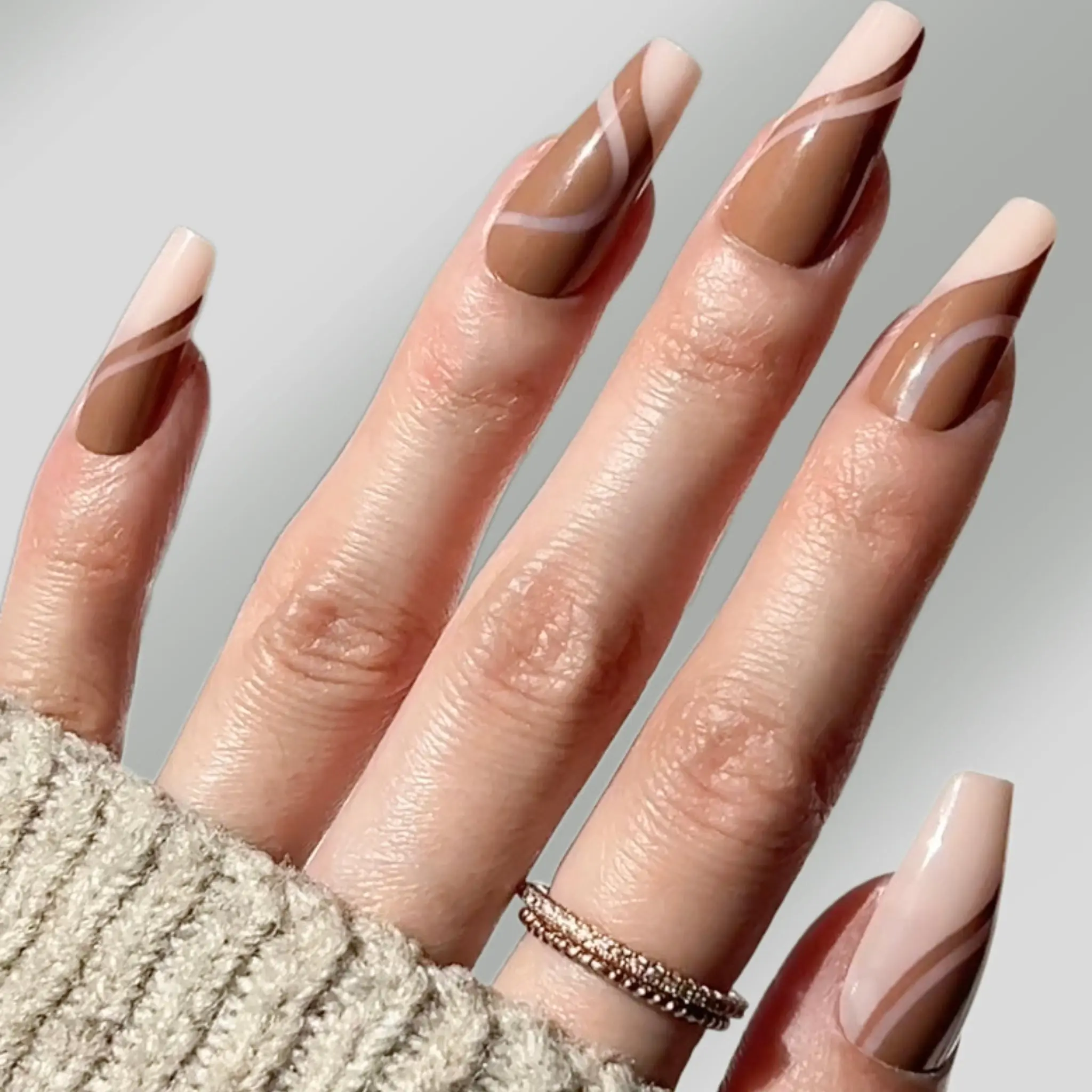 PaintLab Latte Swirl Brown Press On Nails - Coffin Fake Nails, 30 Nails in 15 Sizes with Glue,Salon-Quality
