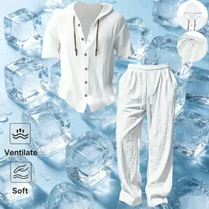 Men’s two-piece set featuring loose, breathable thin cotton fabric; casual vacation style with a hooded shirt sweatshirt and wide-leg pants, suitable for summer wear and everyday casual wear.