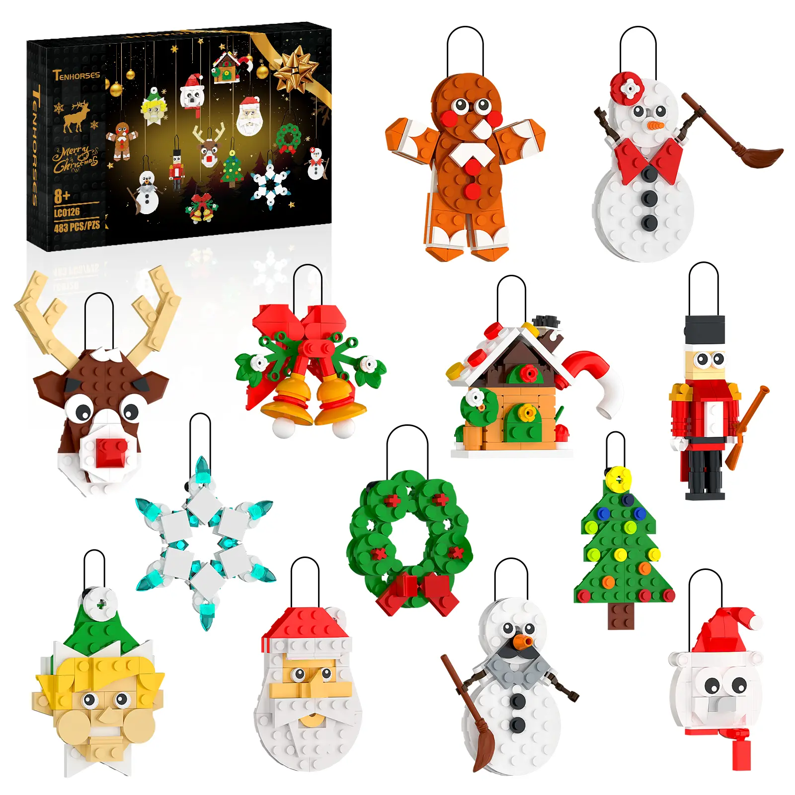 TENHORSES Christmas Ornaments Building Kit 13-in-1 Set for Kids Includes Tree Wreath Santa Snowman Gingerbread Reindeer Nutcracker Snowflake Easy to Build Fun for All Stocking Stuffers Decor Toys Gifts