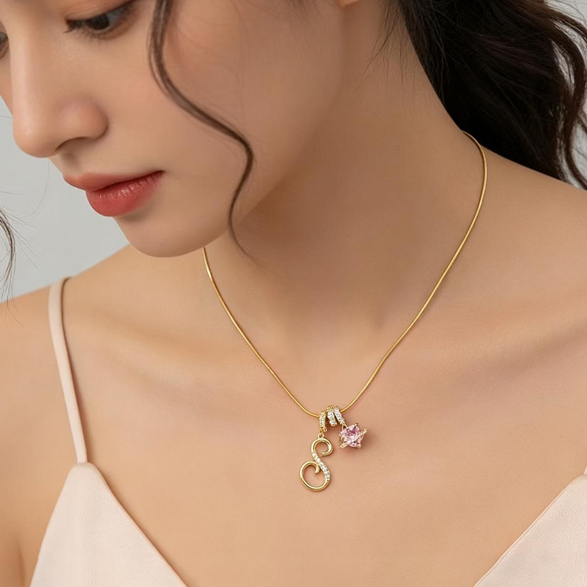 PolarEve Initial Heart Necklace A-Z Letter Pendant Necklaces for Women Snake Chain Choker, Pink Cubic Zirconia Pendant Letter Diamond 18K Gold Plated Fashion Jewelry, Hypoallergenic, Adjustable Size, Perfect Gift for Women and Girls, Valentine's Day Gift