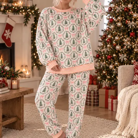 Women's 2-Piece Cute Christmas Tree & Bow Print Pajama Set - Forest Knitting Fabric, Long Sleeve Graphic Top, Elastic Waist Jogger Pants, Stretchy Soft Breathable, Everyday Nightwear, Cute & Comfy Pajamas Sets with Comfy Fits