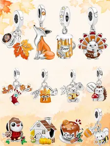 1PC New Original Golden Autumn Christmas Series Maple Leaves Fox Turkey Beer Christmas Stockings Gingerbread Man Bead Pendant Thanksgiving Christmas Beads and Pendant Designer Bracelet Making DIY Gift Ladies Daily Wear Animal Pendant