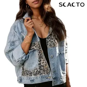 2025 women’s denim jacket with leopard patch, fashionable street/outdoor style, cool casual buttoned jacket, fitted long-sleeved jacket — women’s collared jacket, windbreaker, down jacket GARMENTARY