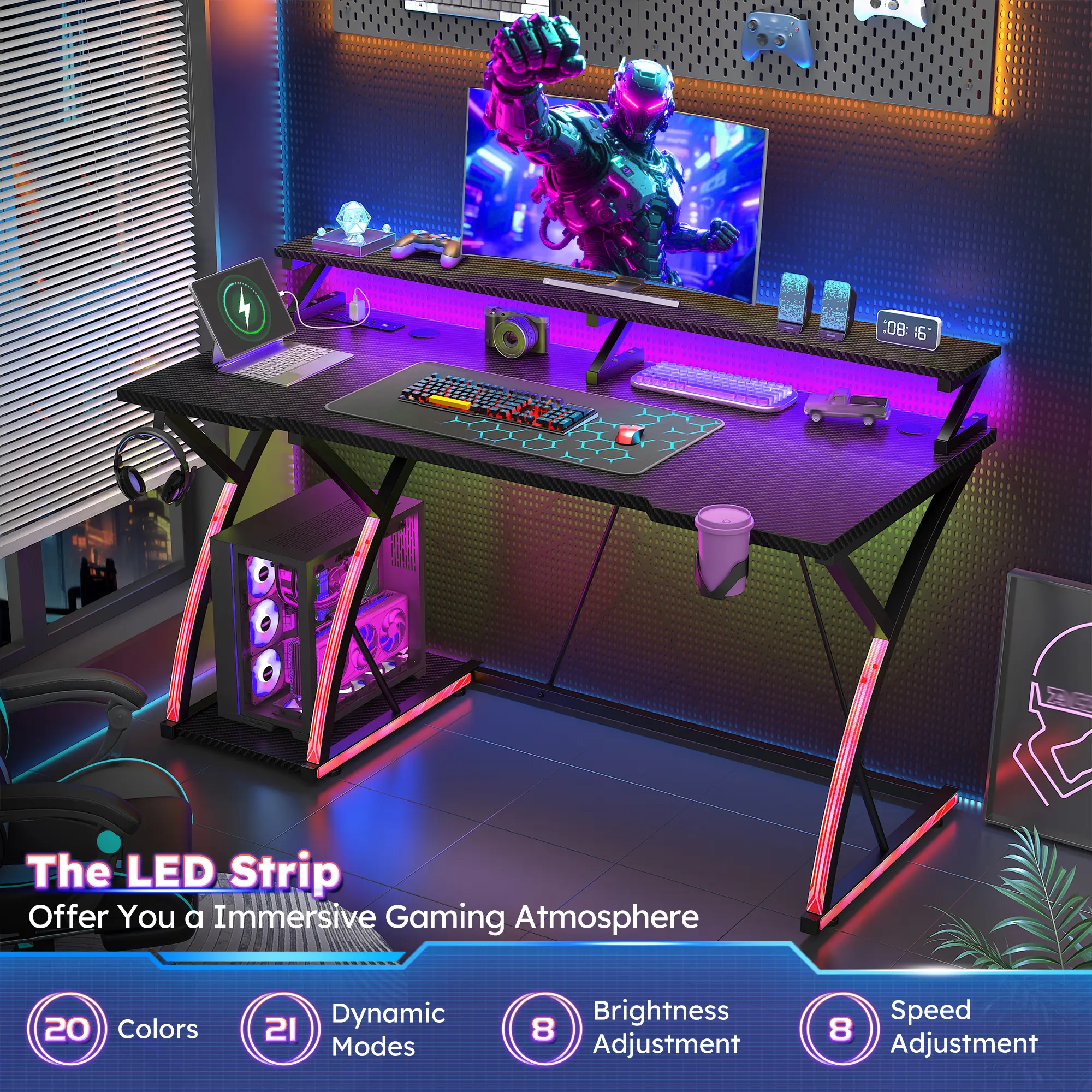 【Dorm Room Gaming Setup】Raybee 48’’ Z-Shaped Carbon Fiber Texture Gaming Desk,Born for Dorm & Apartments, Sturdy Computer Desktop with Power Outlets & USB,Gaming Setup with LED & Monitor Stand for Home Office Use,Study desk for teenagers,EZ Assemble