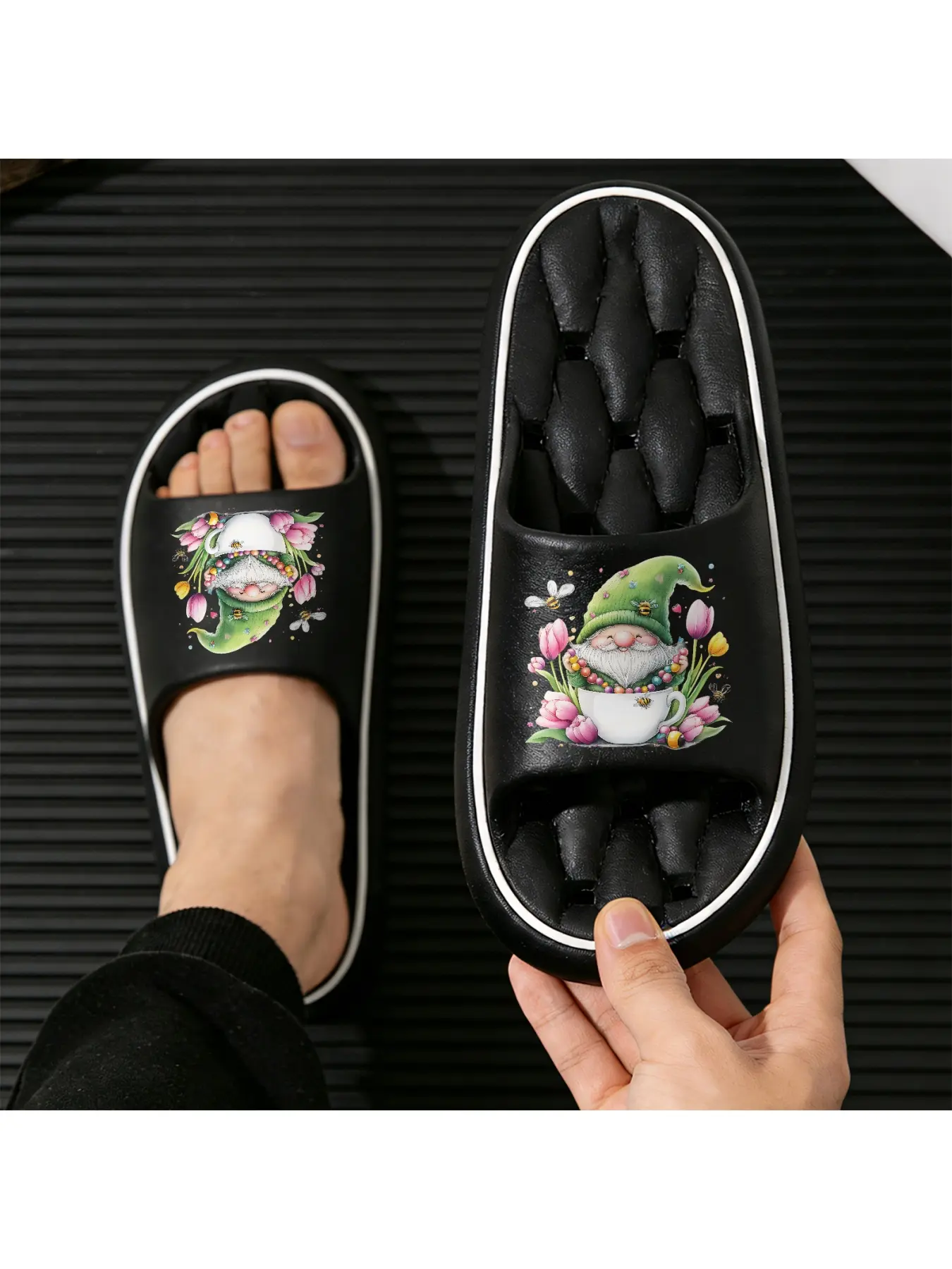 Cute Gnome in Teacup Slippers with Tulips Bees and Colorful Beads Comfortable Soft Indoor Shoes for Women Men Spring Summer Garden Lovers Footwear