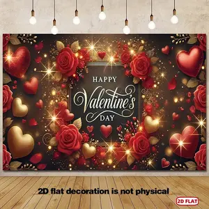 Romantic Red Roses & Golden Hearts Shimmer Wall Backdrop Banner - 243.84x182.88 cm Polyester Ornaments, Valentine's Day/Birthday Festive Party Supplies, Indoor Photo Backdrops for Romantic Ambiance