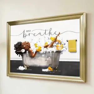 1pc Framed Gold Frame Just Breathe Black Woman In Bathtub With Rubber Ducks Canvas Art Print For Bathroom Bedroom And Living Room Decor With Inspirational Message And Relaxing Vibes