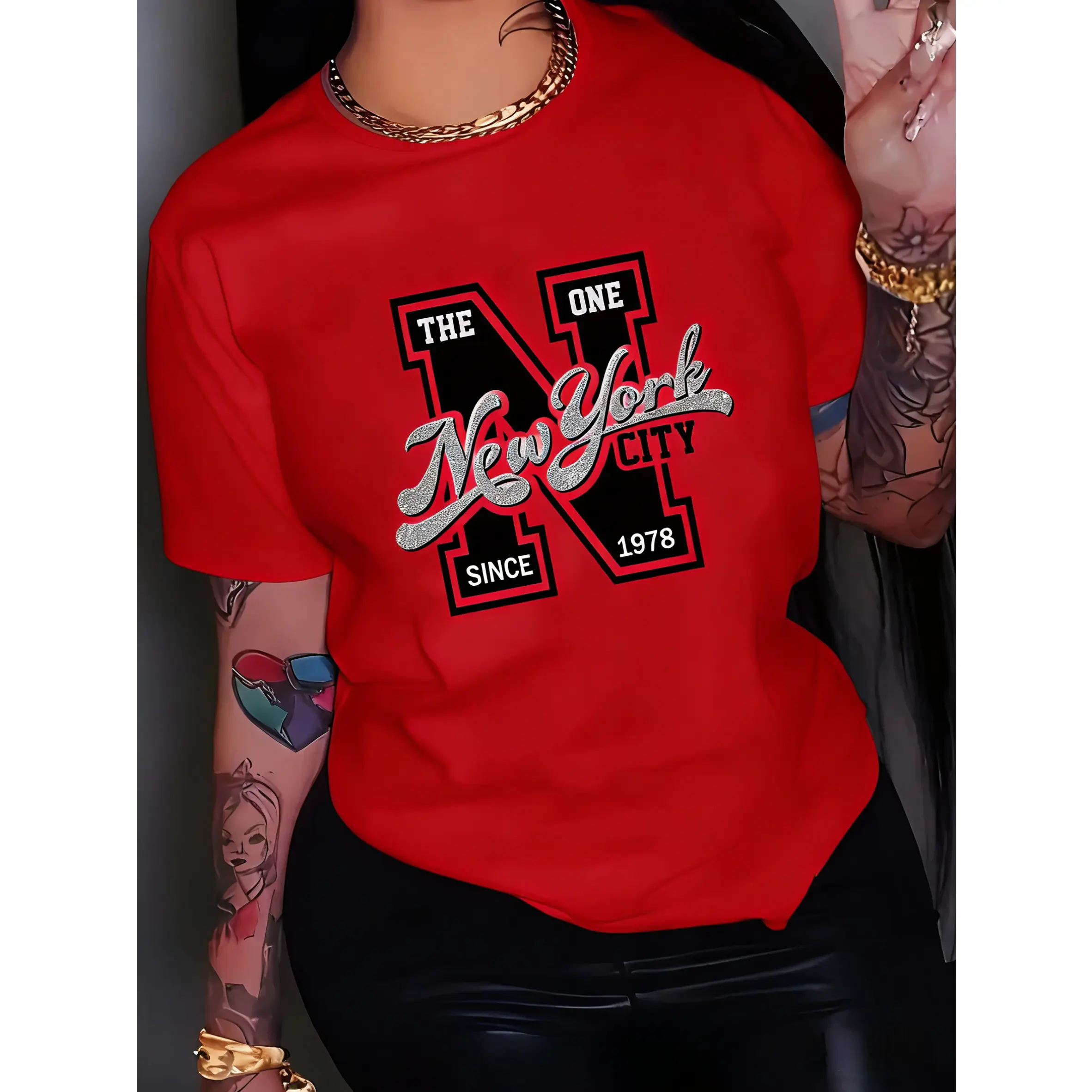 100% cotton women's casual short-sleeve T-shirt - New York city geometric pattern print, round neck top, machine washable regular fit H-line tee, suitable for spring, summer, and all seasons as everyday wear
