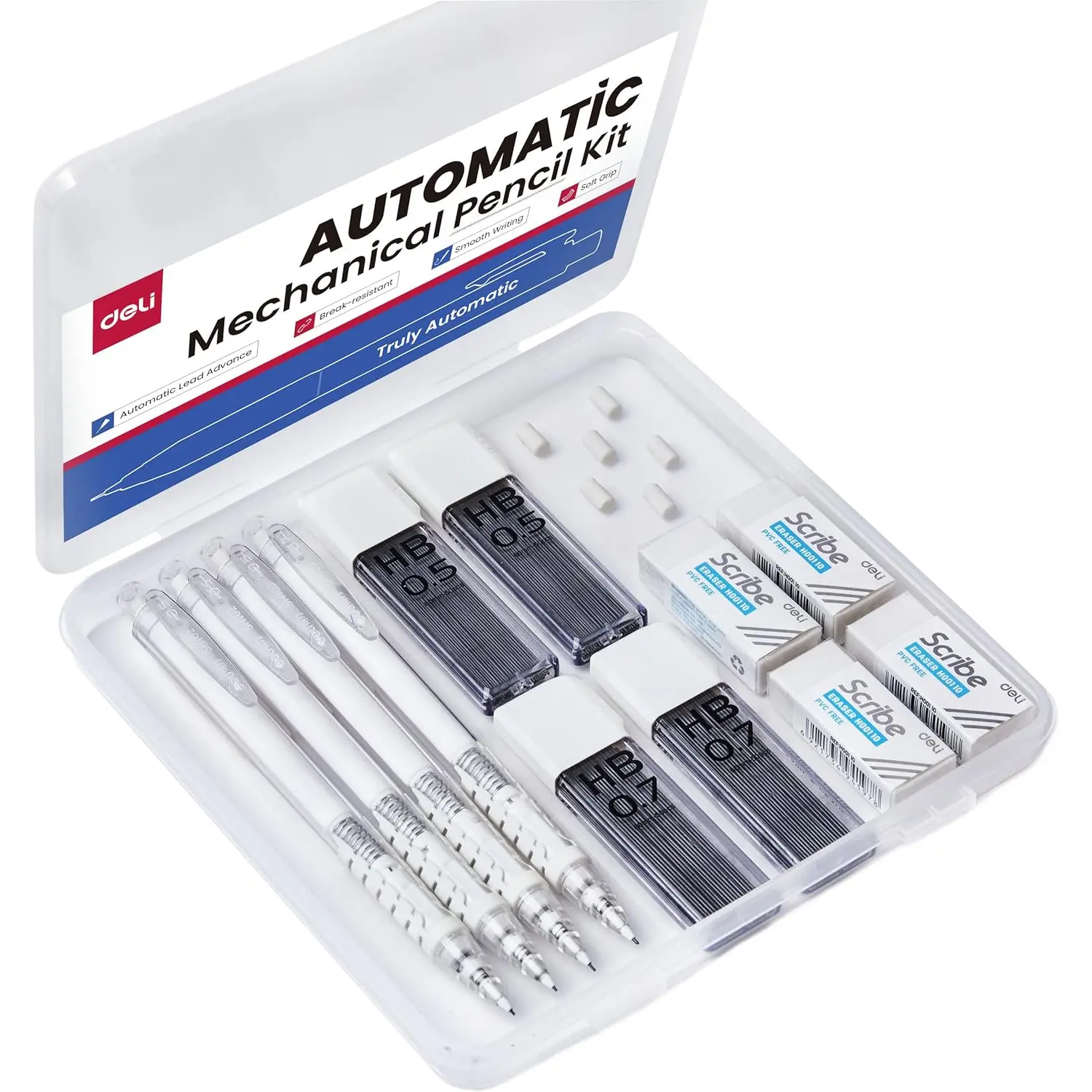 Deli Mechanical Pencils Set, Automatic Lead Advances, 4 Pcs Mechanical Pencils 0.5mm & 0.7mm, 100 Pcs 0.5mm and 100 Pcs 0.7mm Pencil Leads, 4 Erasers and 6 Eraser Refills, School Office