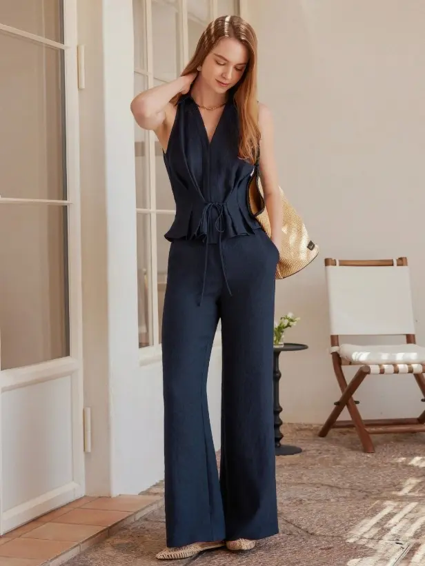 OGL Viscose-Linen Weave - 2Pcs Set Collared V-neck Sleeveless Top & Mid Rise Flared Pant with Pockets - New 100%- Flash sale 2026!!