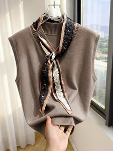 Simple Solid Color Knitted Vest with Scarf Accent, Soft and Skin-Friendly, Casual Loose-Fitting Daily Commute Essential, Tops Womenswear Everyday