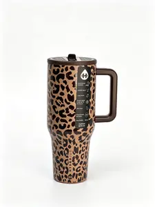 The HydroJug 40oz water bottle comes with a straw, is made of stainless steel,  features a cup holder-friendly design with a non-slip base. It's perfect for sports, outdoor activities,  travel,  comes in a coffee-colored leopard print style flask lid and