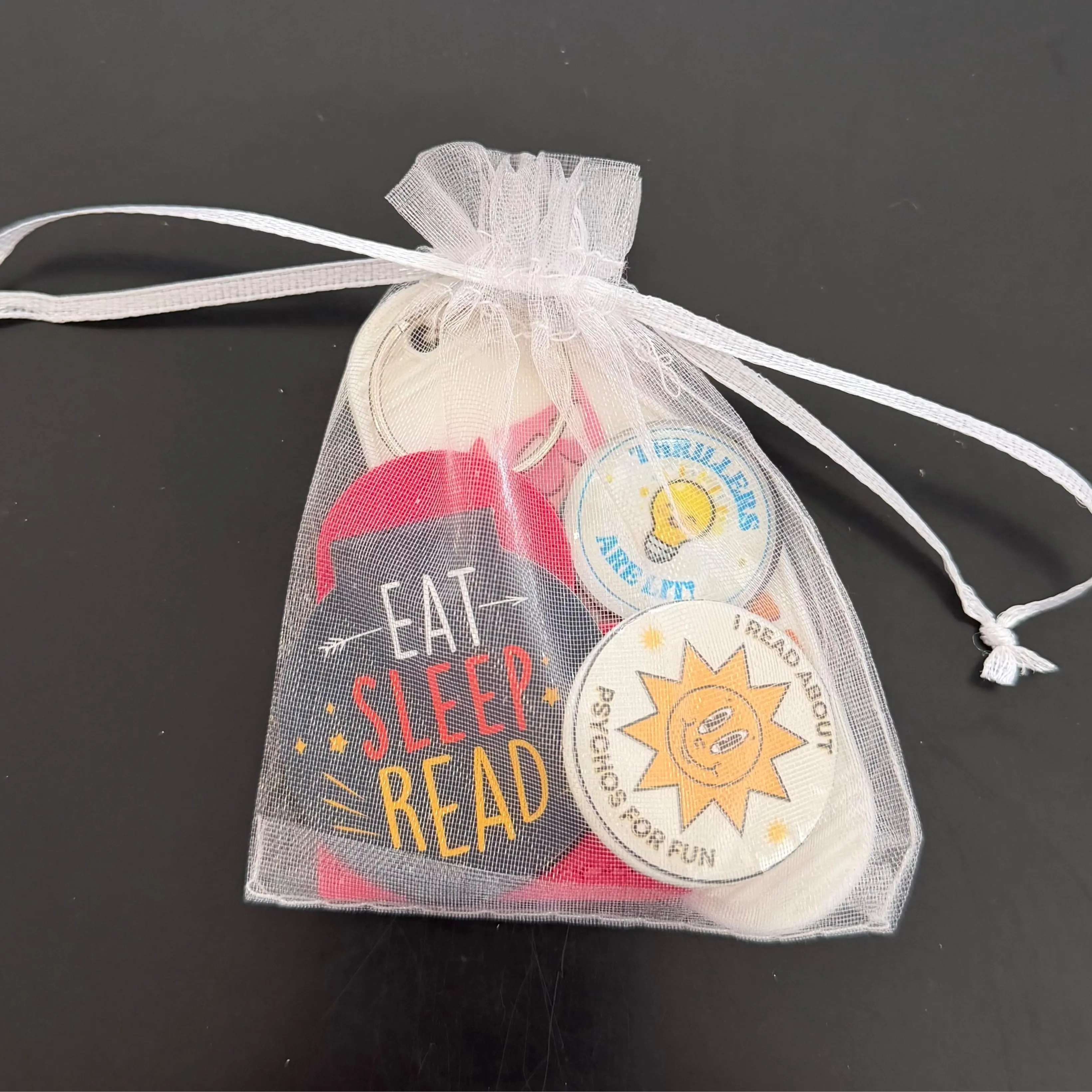 Mystery Bookish Bags with Assorted Accessories - Keychain, Button, Leather Heart Page Corner Marker, Magnetic Marker, 2 Stickers, Magnet