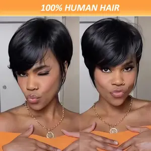 Elegant Wig 180% Density Human Hair Wig - Short Pixie Cut With Bangs, Glueless, Straight Black Hair For Everyday Style FallFreshness TikTokShopBlackFriday