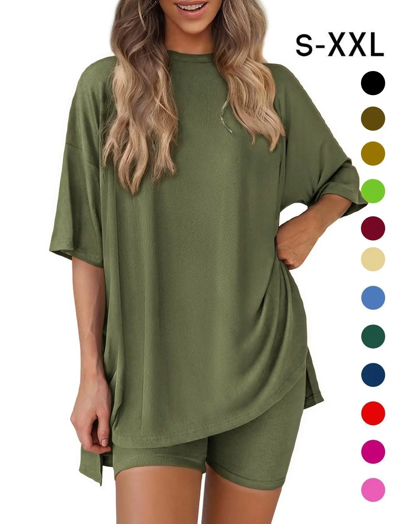Women's Solid Color T-Shirt and Tight Shorts Set Loungewear, Summer Comfort Round Neck Pajamas Nightwear, Pocket Design, Suitable for Outdoor Wear