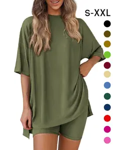 Women's Solid Color T-Shirt and Tight Shorts Set, Summer Comfort Round Neck Pajamas Loungewear, Pocket Design, Suitable for Outdoor Wear
