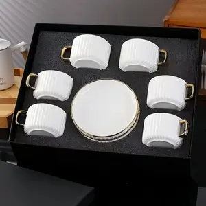 Ceramic Coffee Cup & Saucer Set, 12pcs/set Modern Striped Pattern Cup & Saucer with Handle, Drinking Supplies for Home Office Use, Ceramic Tea Cup, Drinkware