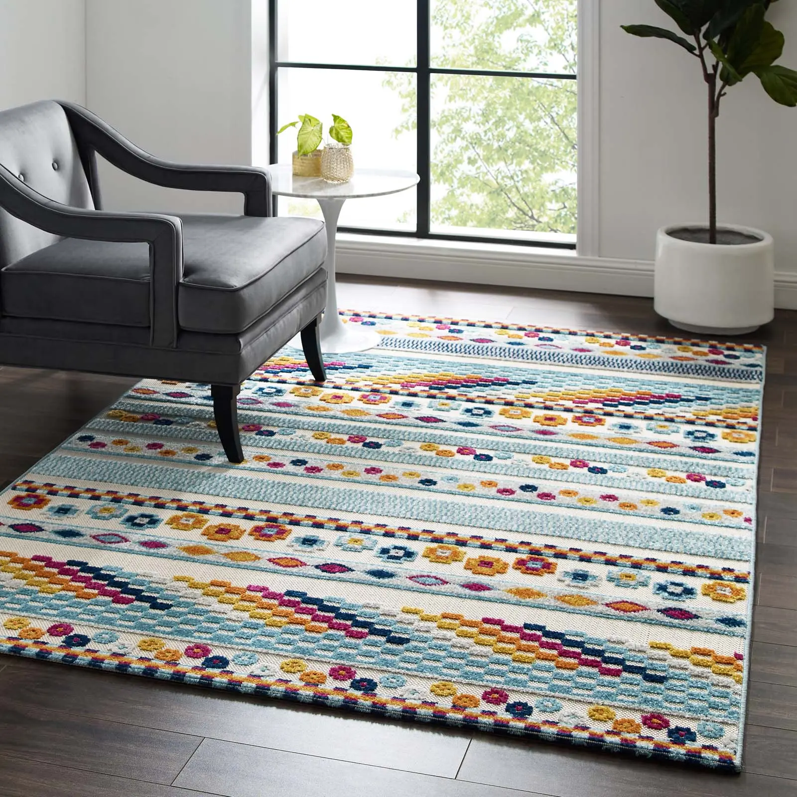 Modway Reflect Cadhla Polypropylene Vintage Abstract Art Geometric Area Rug, 5x8 Rectangular Indoor-Outdoor Floor Rug for Dining Room, Living Room Decor, Multicolored Lattice Design