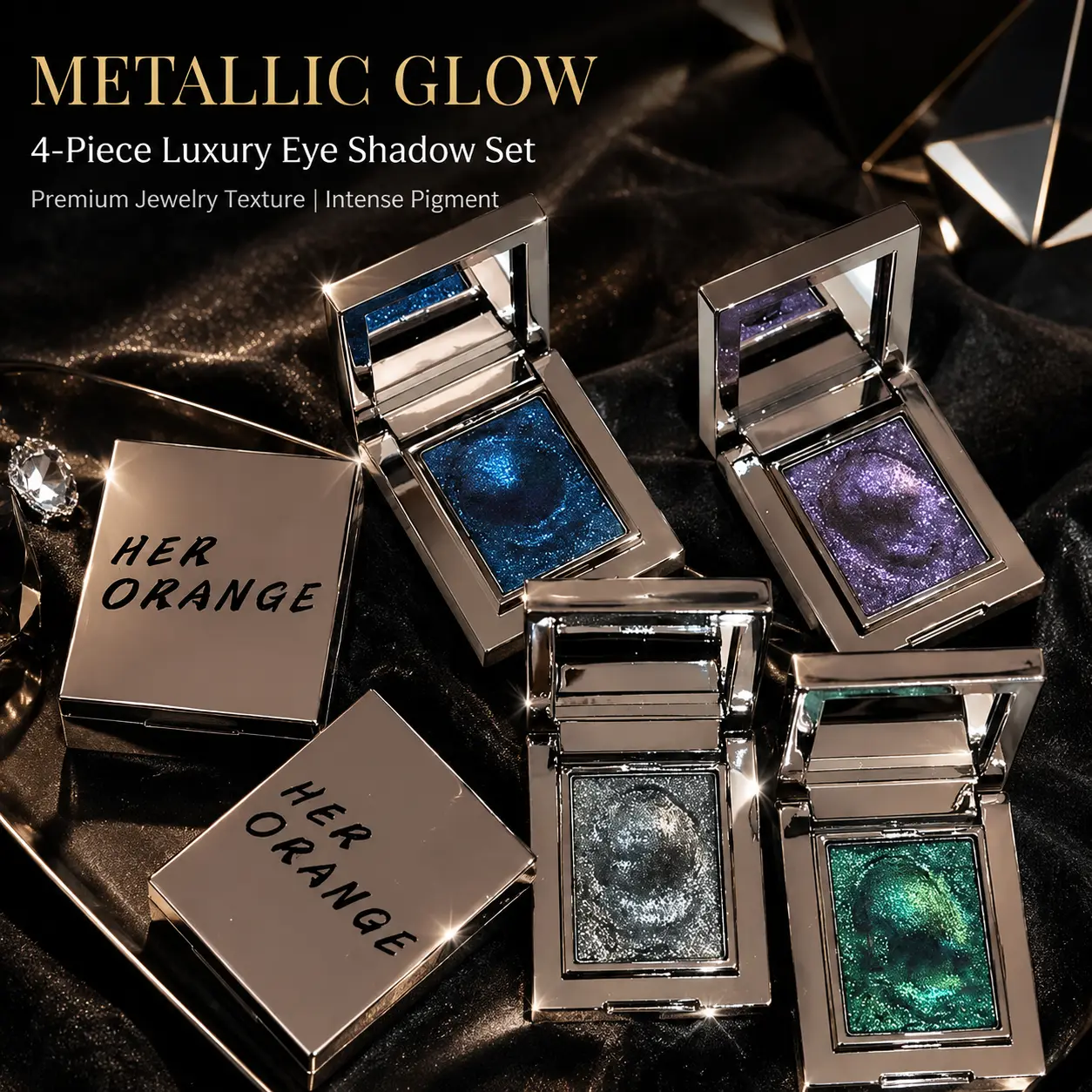HERORANGE 4-Piece Solid Eyeshadow Makeup Set - Creamy Brightening, Waterproof & No-Fallout Formula with Shimmer, Metallic & Matte Finishes