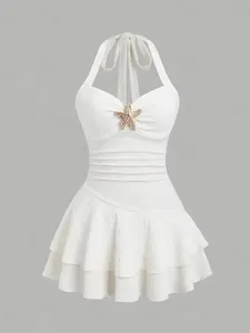 Elegant Women's Halter Neck Mini Dress, Textured Fabric, Ruched Chest, Metal Decorations, Summer Beach Vacation