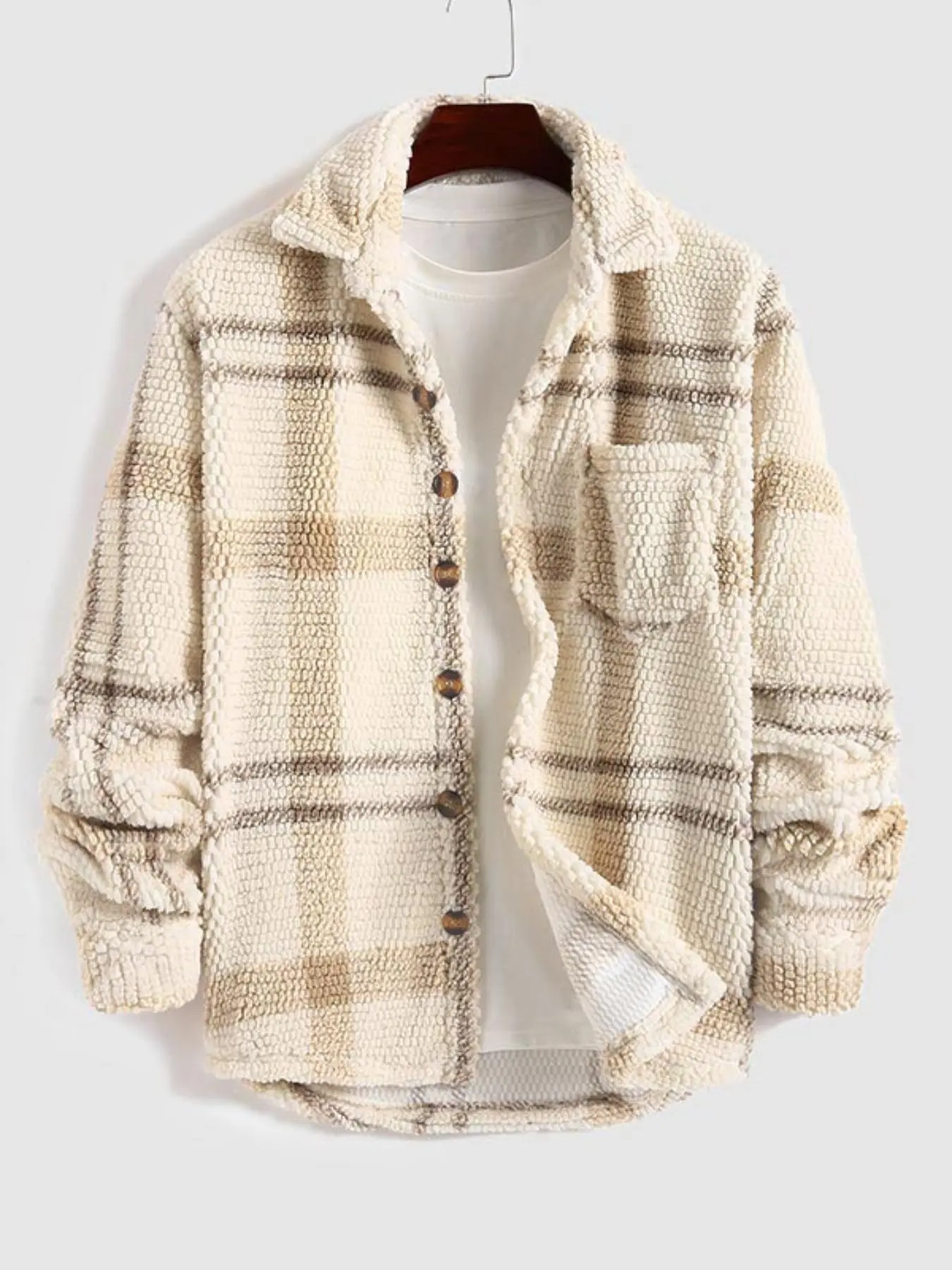 【Please Purchase A Size Up】men's Plaid Print Button Front Fleece Jacket, Casual Regular Fit Long Sleeve Pocket Outerwear for Fall & Winter, Men's Clothes for Daily Wear