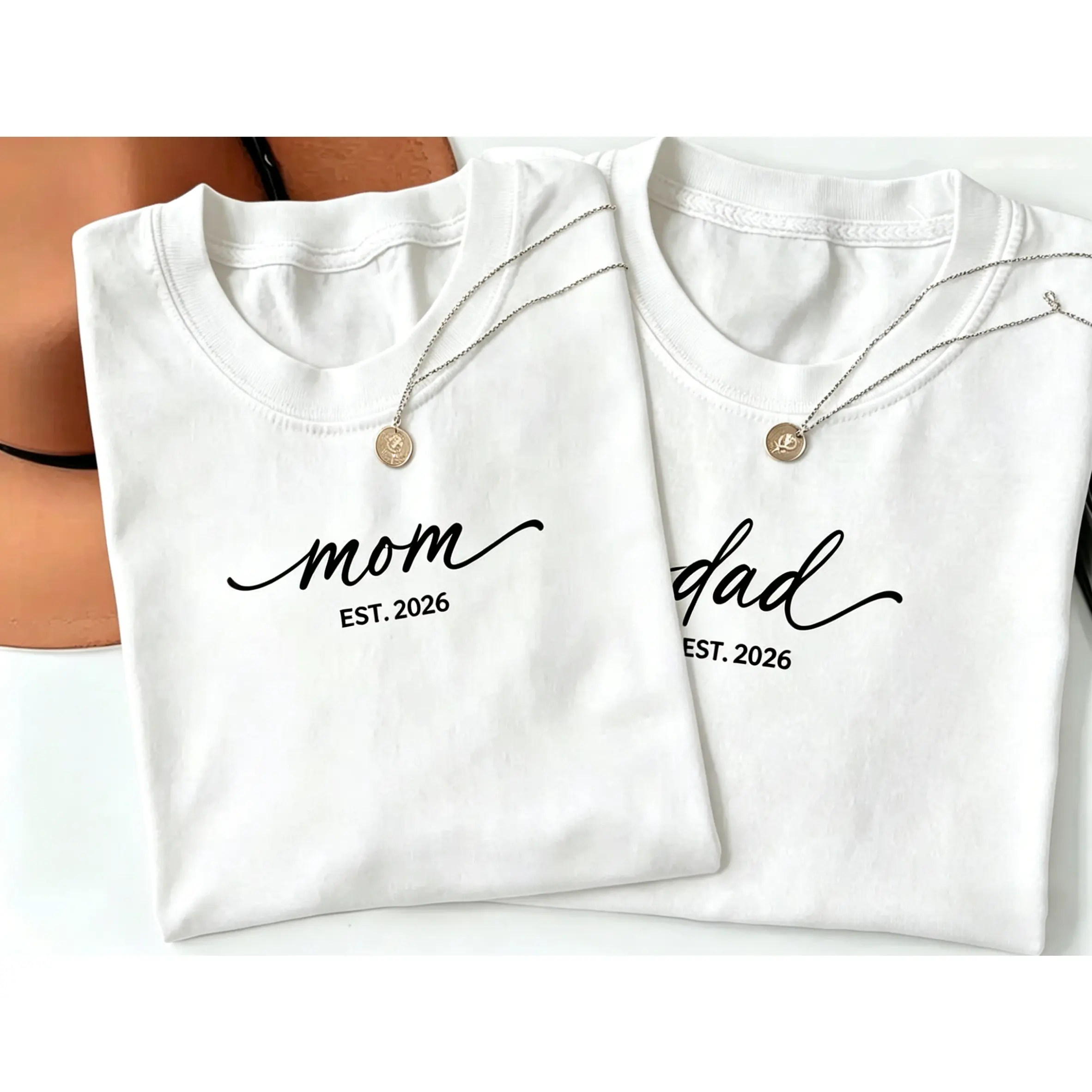 Unisex Relaxed Fit Matching Est 2026 Short-Sleeve Round Neck Cotton Twill Sports Tops, Soft Custom Digital Graphic T-Shirts for Pregnancy Announcement Reveal Gift, Fitted, Shortsleeve, Unisex Cut, Soft Fabric, Graphic Print, Family Match Set