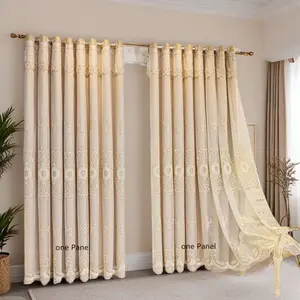 Neo Classic Double Layer Blackout Curtains, Privacy Grommet Curtains, Fabric and Sheer Combined, Embossed Embroidered Drapes, Ready Made for Living Room and Bedroom, Window Curtain, Room Decor Curtain, Home Decoration Curtain