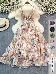 Women's Boho Floral-Print Spaghetti Strap Cami Dress, Bohemian Fashion Casual A-Line Dress for Beach Holiday Vacation, Perfect for Summer