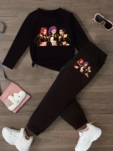 Girls' Kpop Print Long Sleeve T-Shirt & Casual Sweatpants Set, Spring & Fall Fashion, Comfortable Kids Clothing Gift