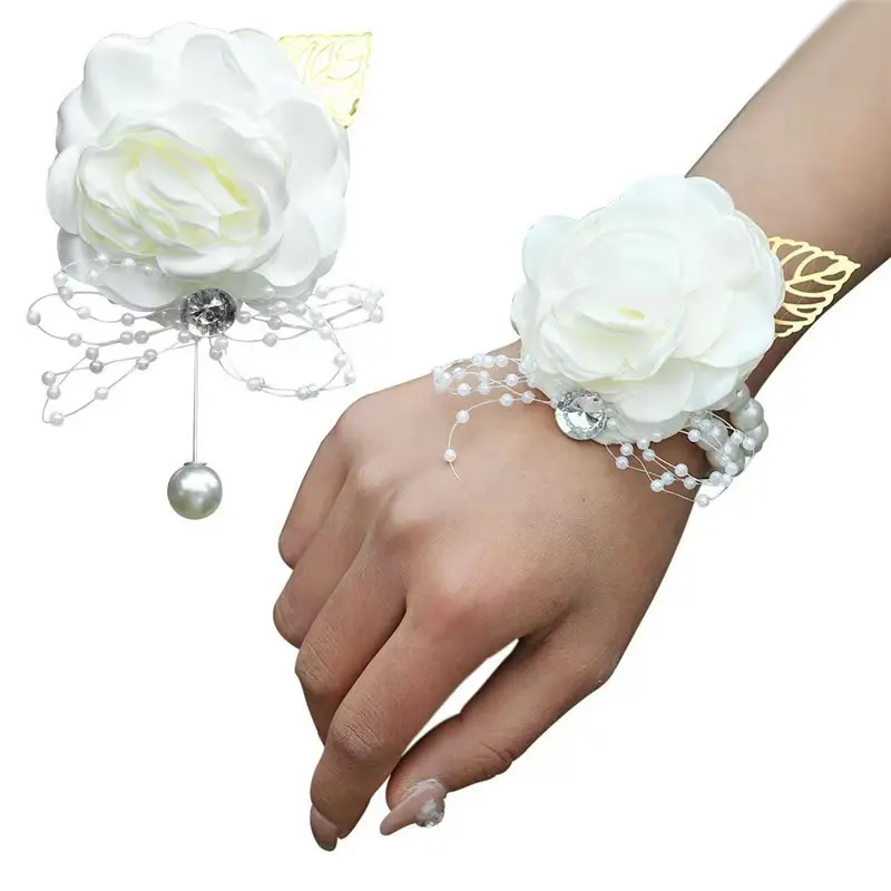 2-piece set of corsage and wrist corsage, artificial jasmine adjustable wristband classic style bridesmaid wrist corsage, groom's bridesmaid corsage Wedding