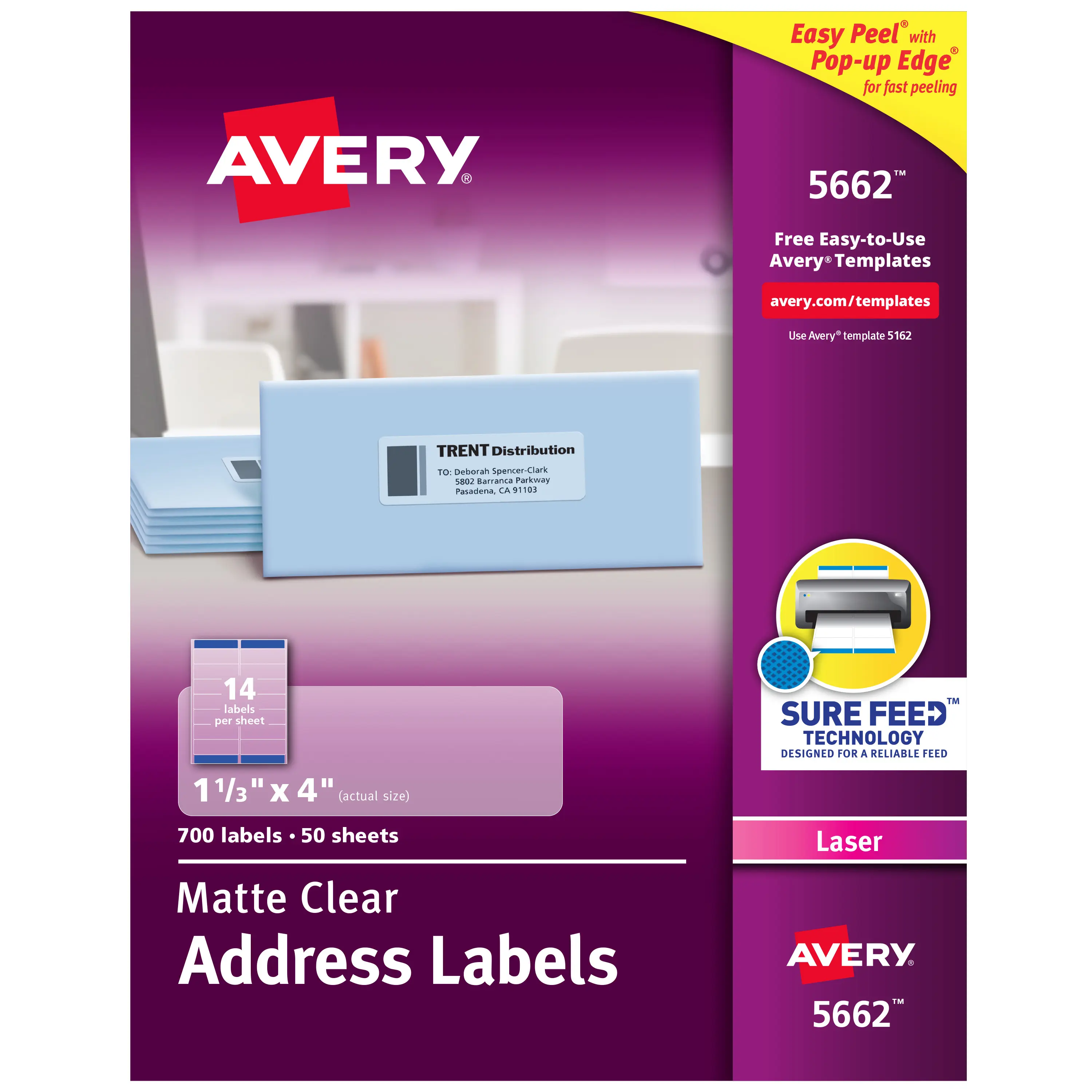 Avery Custom Printable Address Labels with Sure Feed, 1-1/3" x 4" Matte Clear, 700 Blank Mailing Labels (05662), Custom Labels