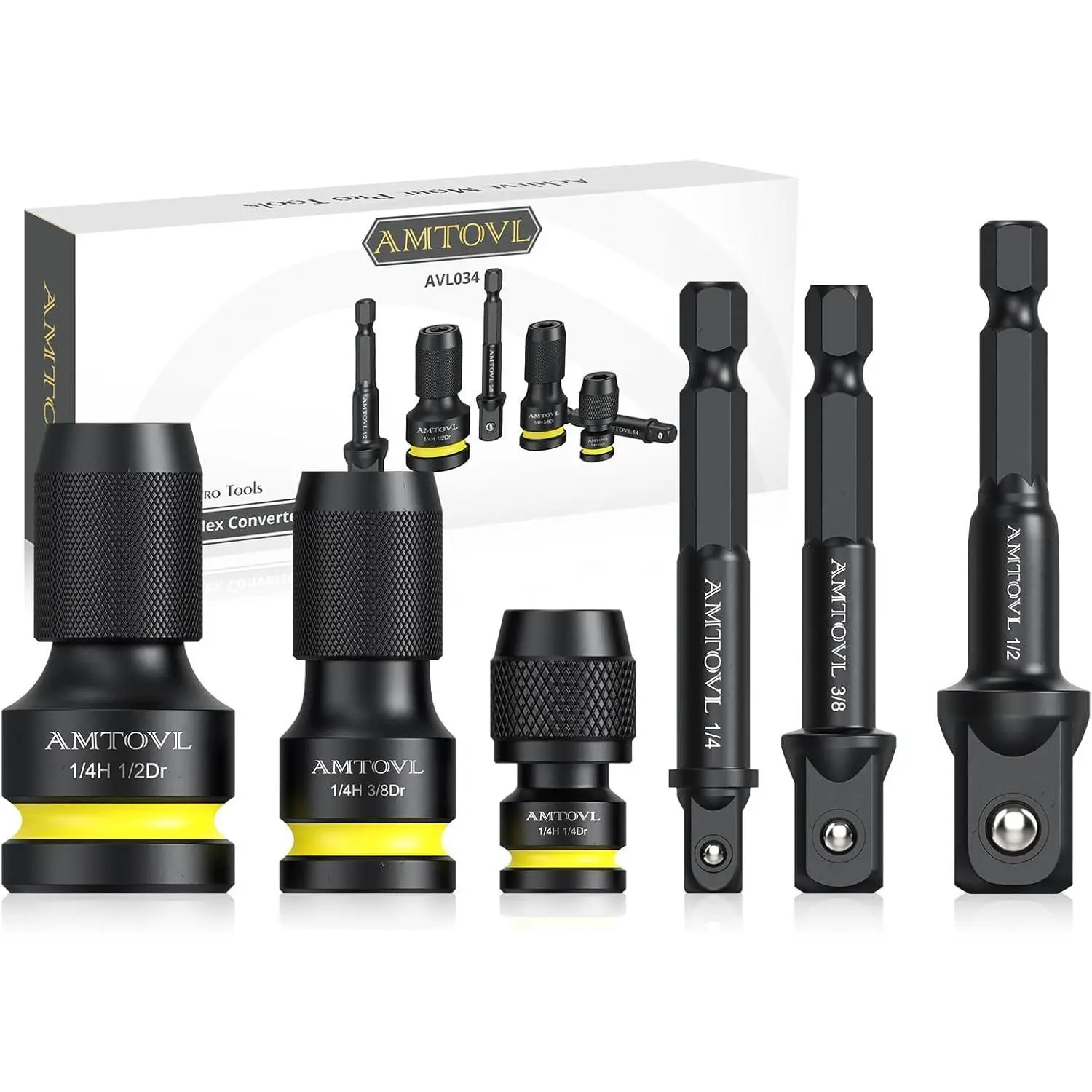 AMTOVL Impact to 1/4 Hex Converter - 1/2 3/8 1/4-INCH Drive Female to 1/4-Inch Hex Adapter with 3PCS Socket Adapter Set for Ratchet Wrench Drivers, Impact Bit Holders, Quick-Change Chuck