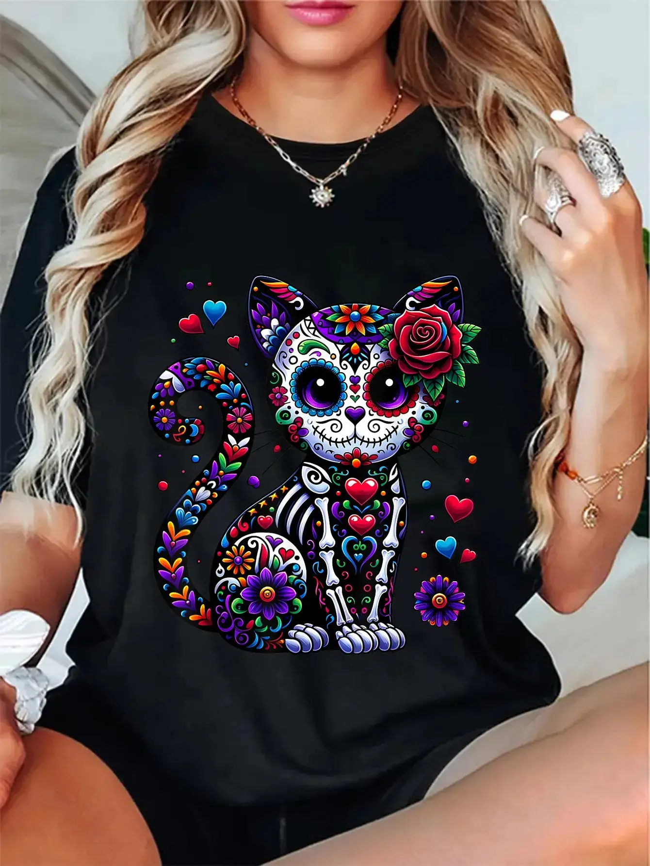 Women's Printed Graphic Sports Top - Vintage Sugar Skull Cat Print, Cotton Breathable Soft Comfy Short-Sleeves Dia de los Muertos Round Neck Everyday Tee, Casual, Tops