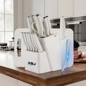 15-Piece Kitchen Knife Set with Solid Wood & Plastic Knife Block: Chef's Knife, Japanese-Style Knife, Meat/Vegetable Knife, Chicken Bone Knife, German-Style Steak Knife – All Included. Wooden Sturdy Chopping Utensils Storage Cutting