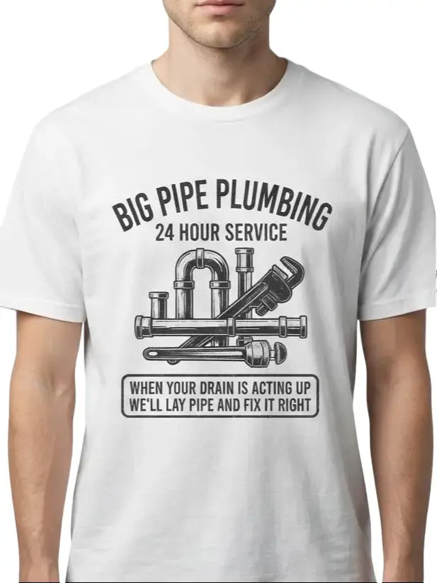 Big Pipe Plumbing Shirt, Funny Plumber Graphic T-Shirt, Drain Service Joke Tee, Blue Collar Humor Black Cotton Top