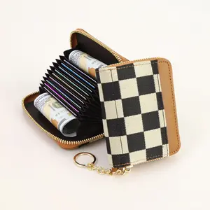 Women's Minimalist Plaid Checkered Small Wallet Card Holder - Upgraded High-Quality Fabric, Anti-Theft Secure Hold, Multiple Card Slots, Portable Compact Design, Detachable Wrist Strap, Gold-Tone Accents, Slip-On Closure, Ideal for On-the-Go Use