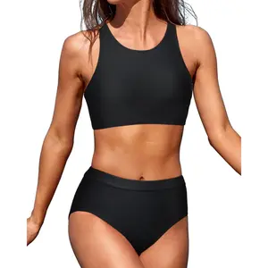 Won High Waisted Bikini Two Piece Swimsuits High Neck Crop Top Racerback Sporty Bathing Suits for Teen Girls