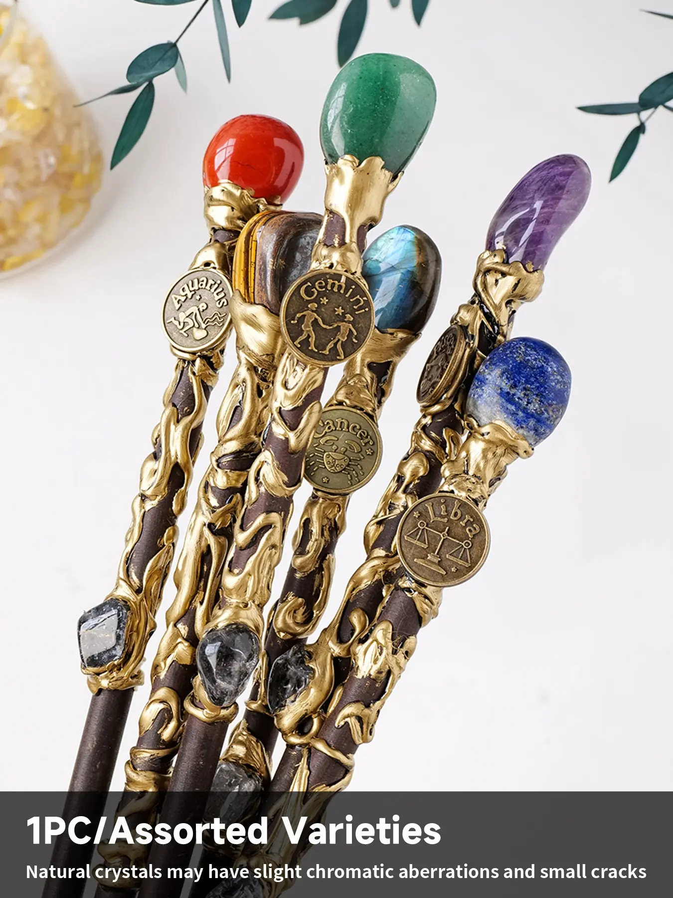 Natural Crystal Magic Wand, Handmade Wooden Witch Wand with Gemstone Top, Details, Gothic Style Altar Decor, Unique Witch Gift