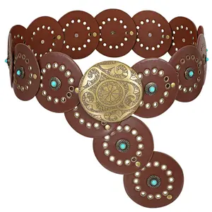 JASGOOD Women Western Concho Belts Wide Hollow Disc Leather Belt Cowgirl Boho Belt for Jeans Dresses with Metal Buckle Halloween