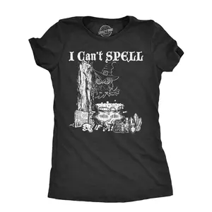 Womens I Cant Spell T Shirt Funny Halloween Witch Owl Spelling Joke Tee for Ladies Funny Womens T Shirts Cute Vintage Fashion Casual Ladies T-Shirt Gift Halloween Tops for Women Funny Sarcastic Top Women's Black -