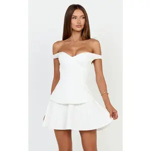 Izara Mini Dress - Off Shoulder Pleated Dress in Off White