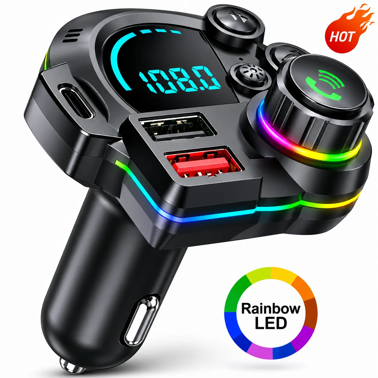 PD 20W USB-C Car Charger & Bluetooth 5.3 FM Transmitter, Wireless MP3 Player, Dual USB Charging Ports, HiFi Lossless Music, Hands-Free Calling, RGB LED Display, TF Card Support, Car Accessories