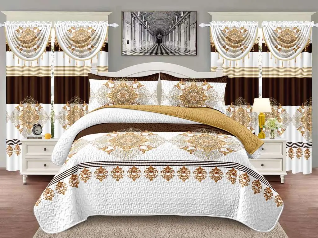 Luxury Gold Medallion 7-Piece Bedding Set with Matching Curtains