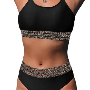 Cali Chic Swimsuit Women Color Block Black Leopard Mesh Trim Two Piece Bathing Suit Set