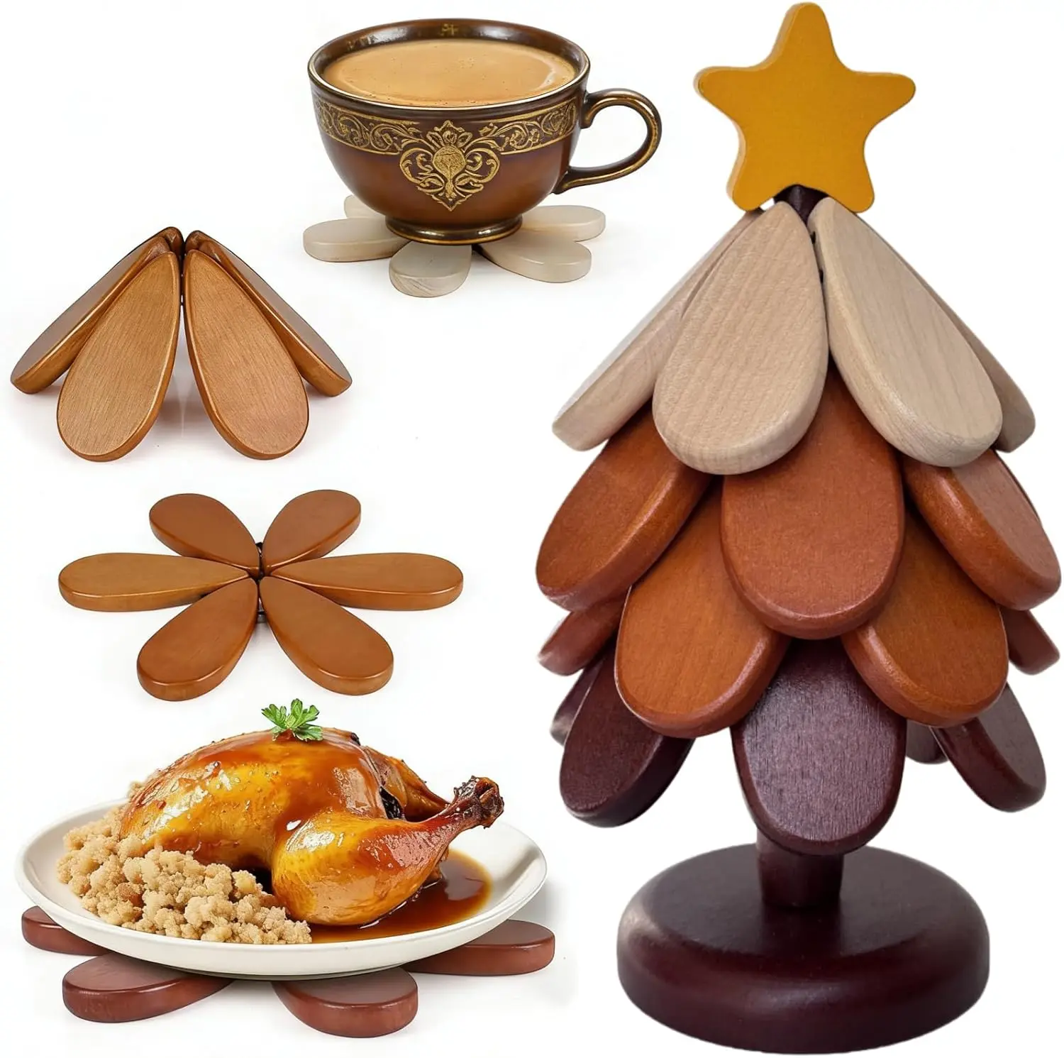 Wooden Trivets for Hot Dishes, Tree Shape Trivet Set, 4 Walnut Wood + 1 Stand stored Like a Christmas Tree,Foldable Kitchen Wooden Trivet,for Hot Dishes、Pot、Bowl、Teapot、Hot Pot Holder(Walnut Wood)