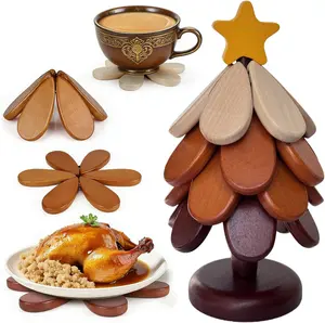 Wooden Trivets for Hot Dishes, Tree Shape Trivet Set, 4 Walnut Wood + 1 Stand stored Like a Christmas Tree,Foldable Kitchen Wooden Trivet,for Hot Dishes、Pot、Bowl、Teapot、Hot Pot Holder(Walnut Wood)