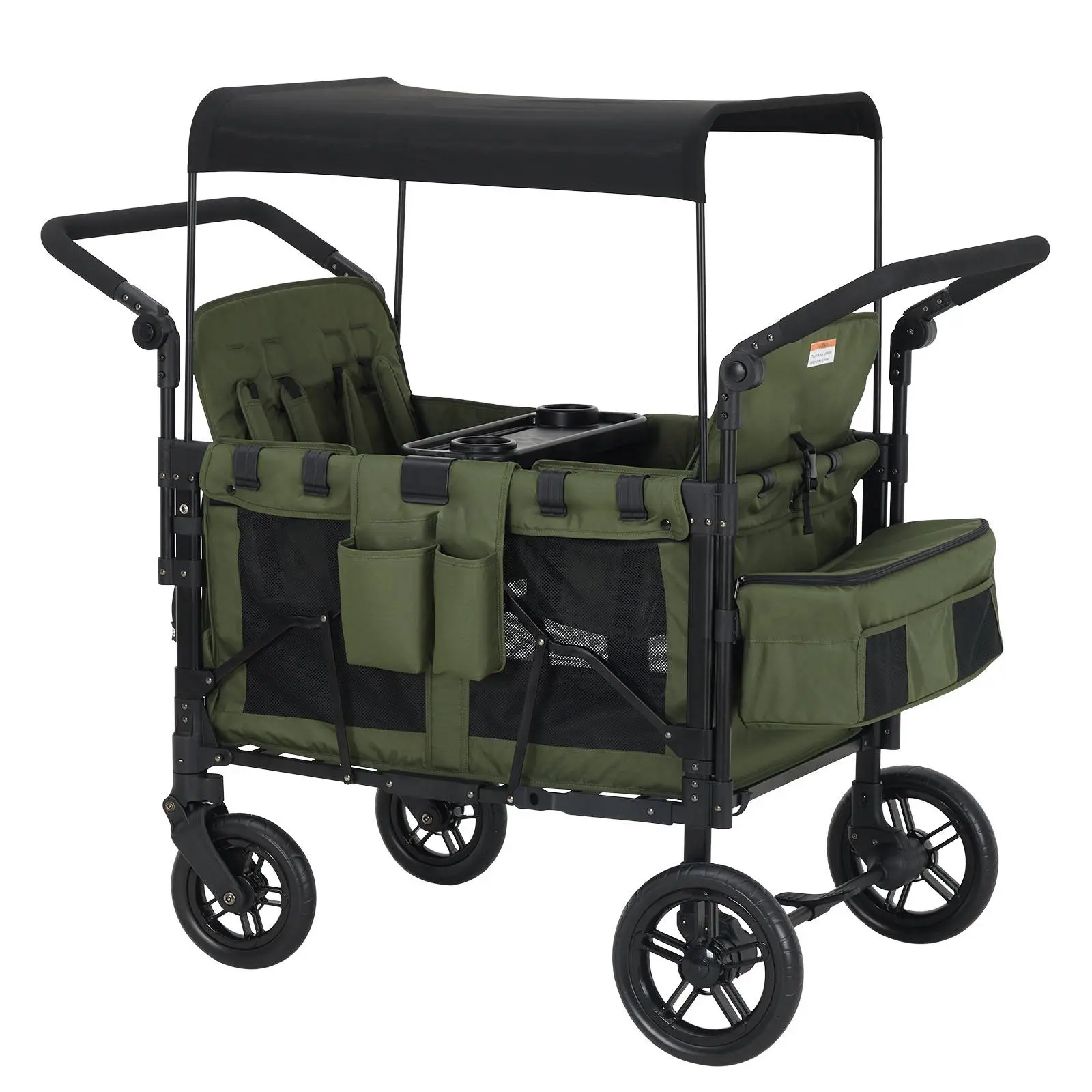 4 Seater Wagon Stroller for Kids with Canopy, Removable Canopy, Snack Tray & Adjustable Push/Pull Handle, Foldable All-Terrain Wagon