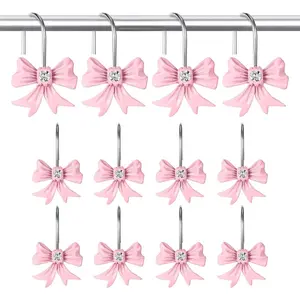 12 Pcs Bow Shower Curtain Hooks, Resin Pink Shower Curtain Hooks Rustproof Stainless Steel, Cute Bow Bathroom Decor for Babys Girls Bathroom Accessories
