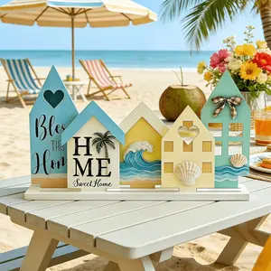 5 Pcs Beach House Table Decorations, Rustic Wooden 'sweet Home' Sign, Summer Beach Theme Desk Accessories, for Beach Hut, Kitchen, Restaurant, Desk Signs Ornament