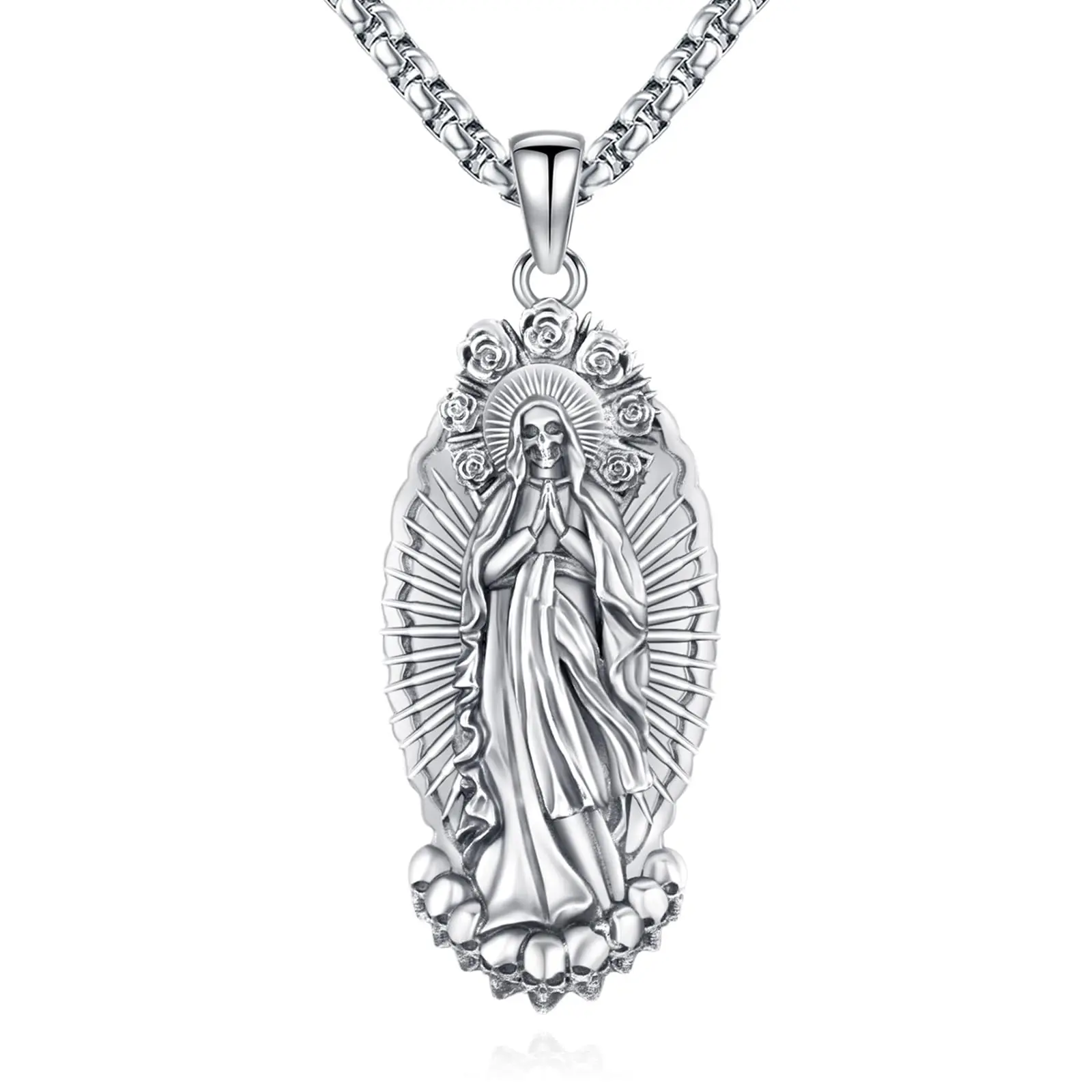 La Santa Muerte Necklace/Keychain Silver Jewelry Skull Grim Reaper Pendant Gifts for Women Men Him Her Anniversary Birthday Christmas Valentine's Day Mother's Day Graduation Daily Faith Protection Talisman Amulet Believer 381
